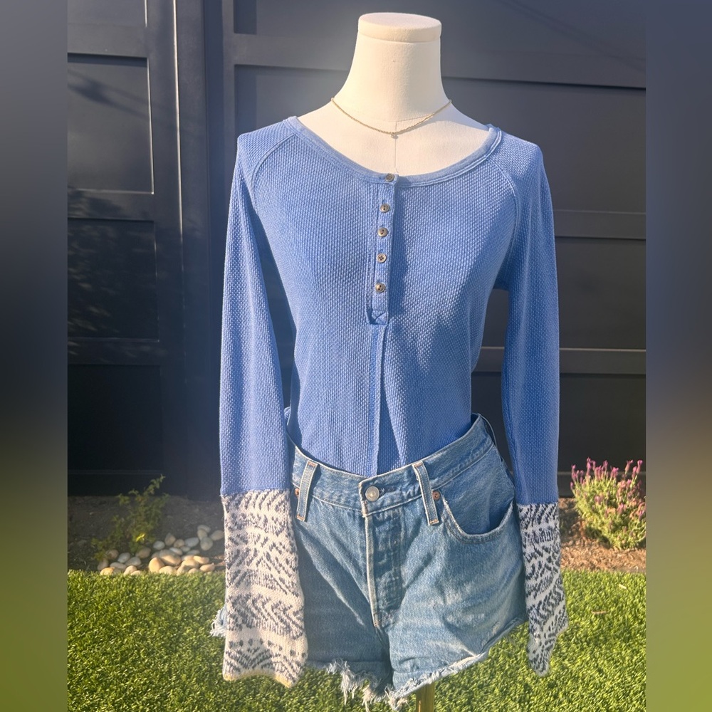 Free People Thermal Henley – Blue Waffle Knit w/ Pattern Cuffs (Sz S)